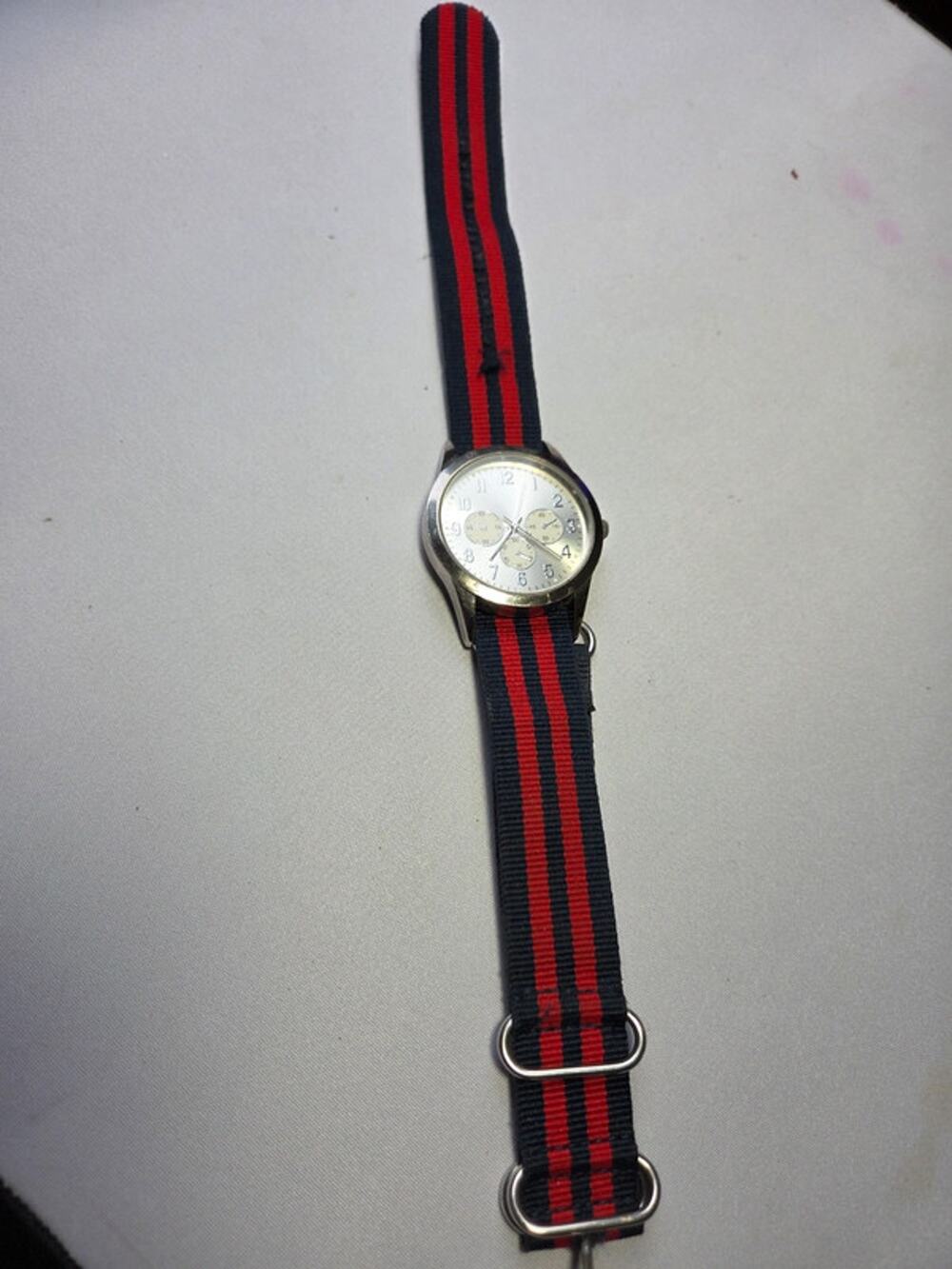 Men's watch with extra long 12" Red and Blue striped band